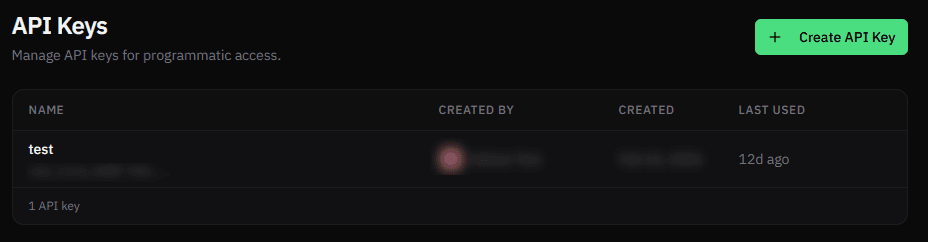 Create API Key screen