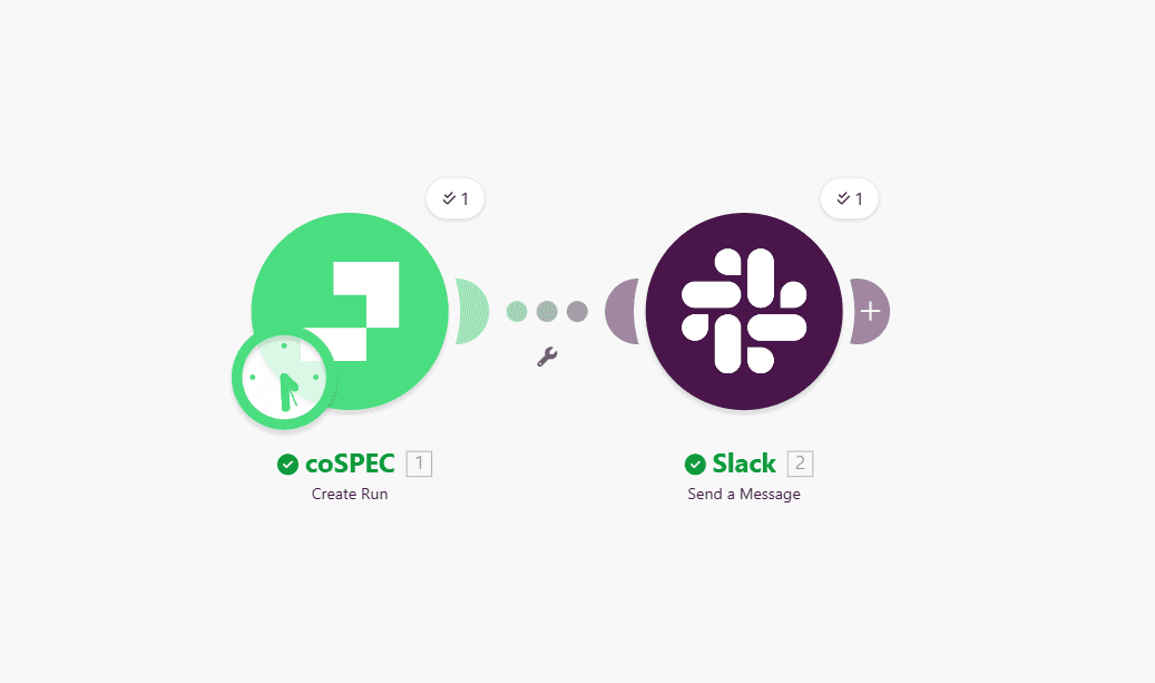Scheduled dependency update in Make — coSPEC Create Run on a schedule → Slack Send a Message